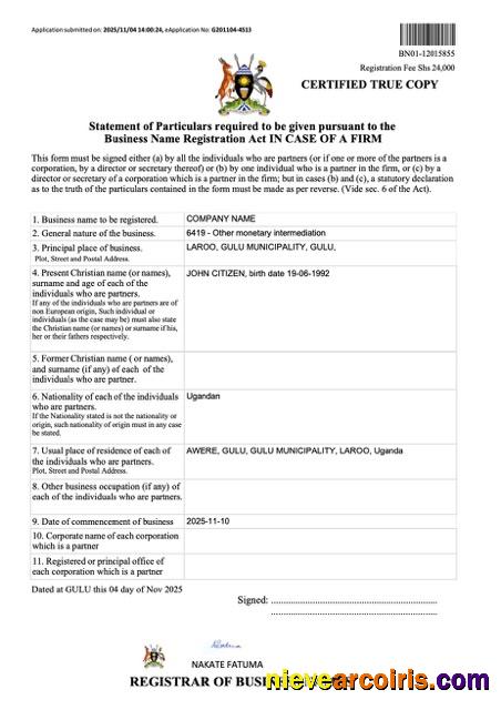 Uganda business name registration certificate, version 2